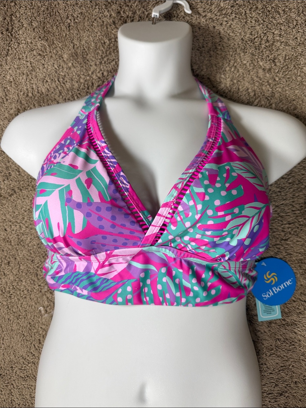 Sol Borne Pink & Teal Tropical Halter Bikini Top SKU1553